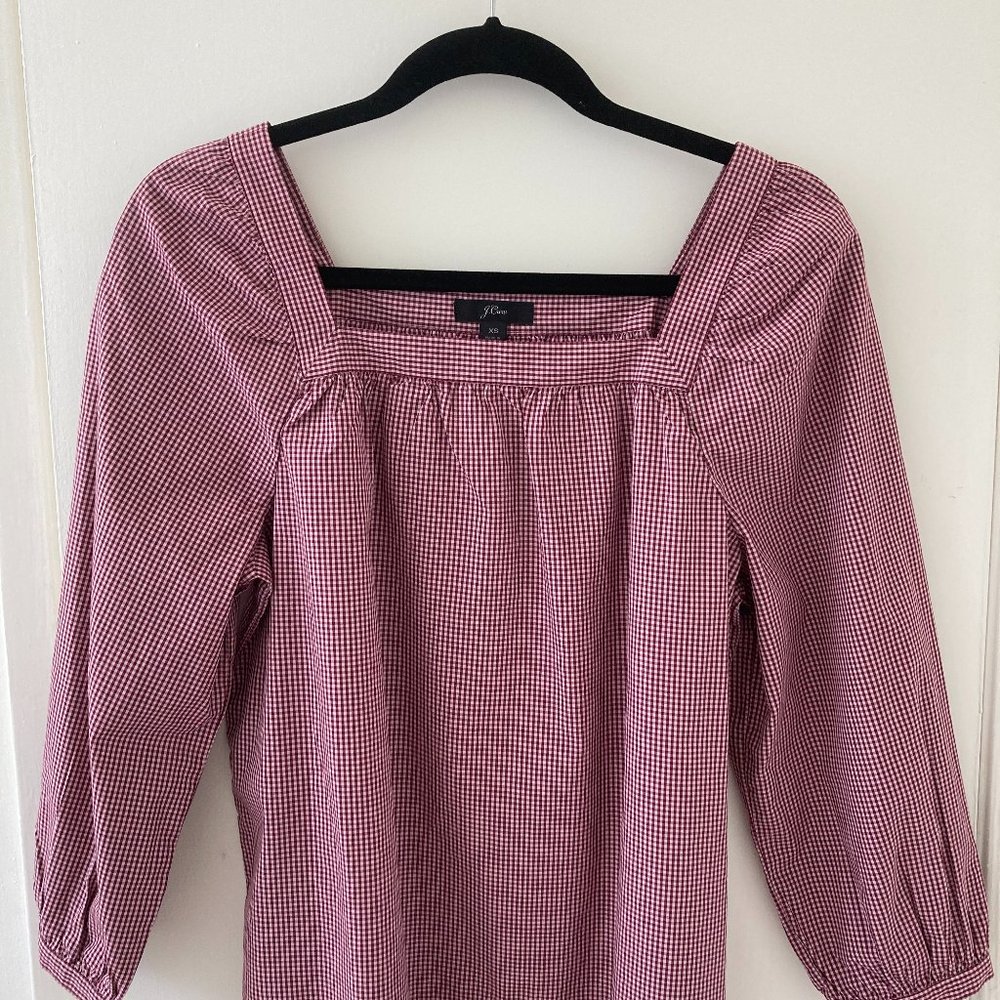J. Crew Burgundy &Pink mini check square neck top